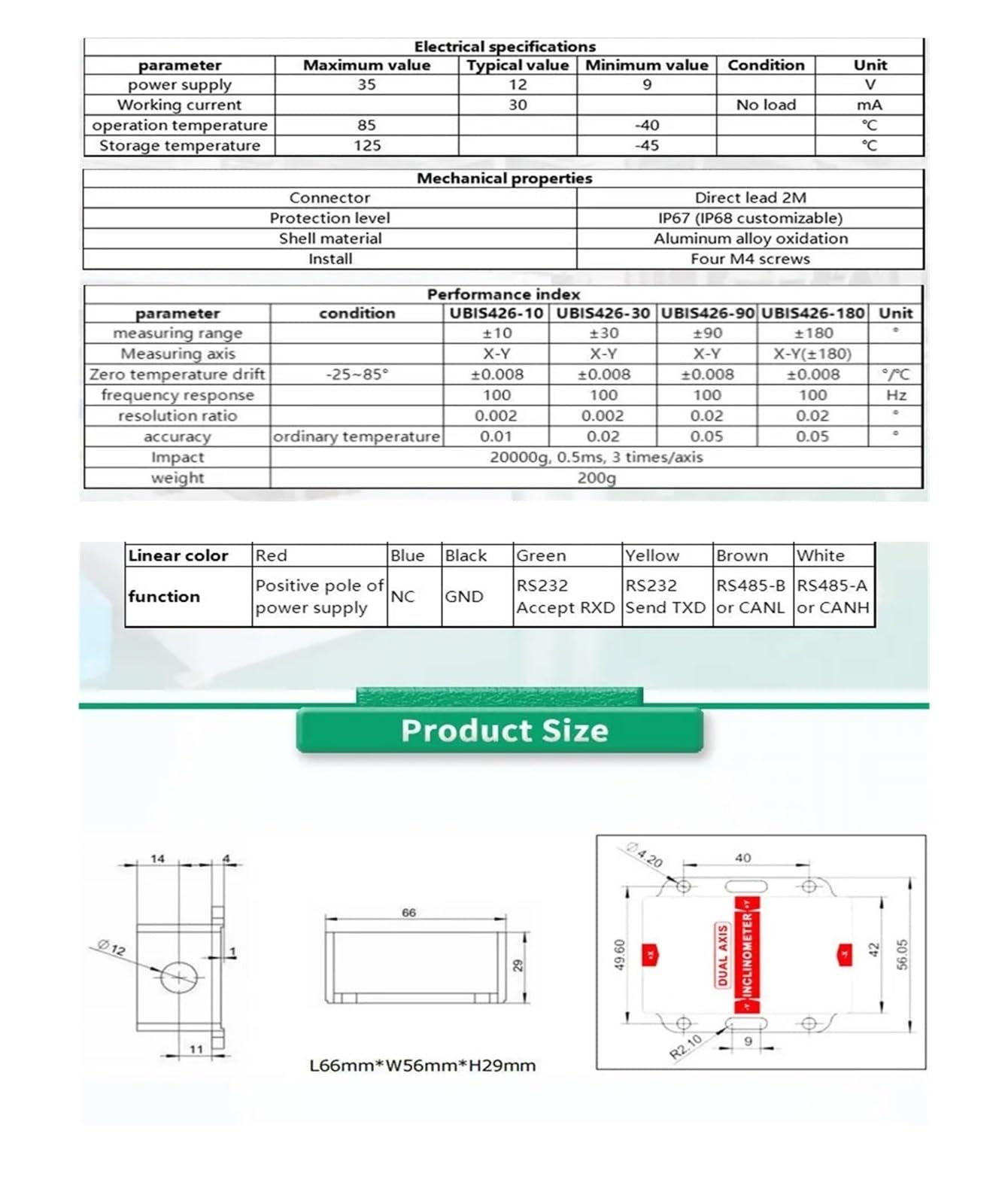 CHBMSS Industrial Dual Axis Digital Inclination Sensor RS232 Output