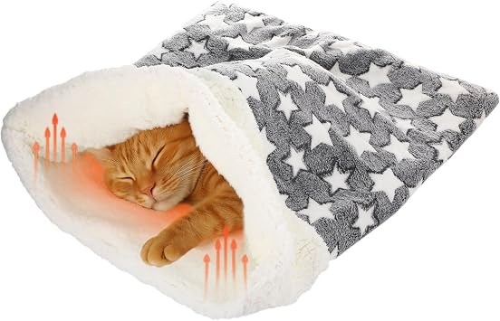 Self Heating Cat Sleeping Bag Indoor Self Warming Cat Bed Cave Heated Pad Cozy Soft Winter Washable Wrap Pet Snuggle Sack Pouch for Puppy Dog Kitten, 24 x 21 InchClassic,Gray