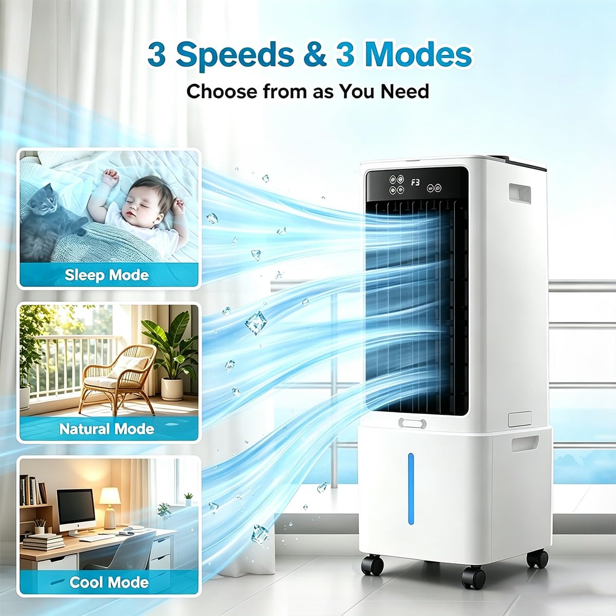 Enfriador De Aire Evaporativo 12/25L, Climatizador Evaporativo 3 En 1 | Con control remoto, 2 hieleras, 3 velocidades con 12 temporizadores(25L)