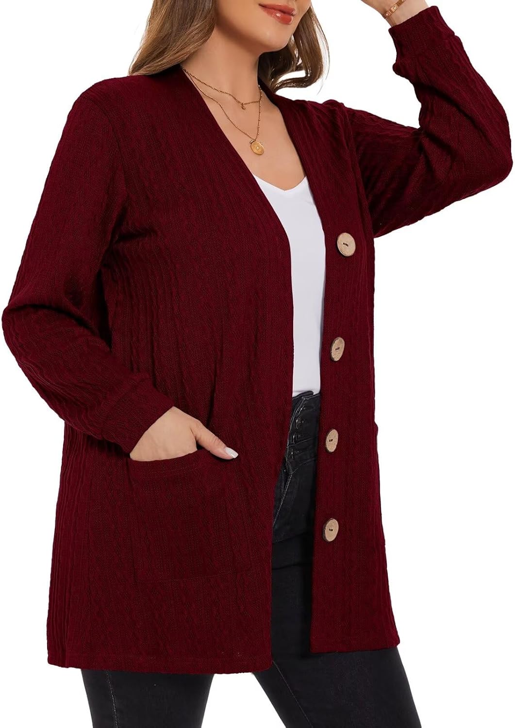 LARACE Open Front Cardigan for Women Cable Knit Sweater with Pockets Plus Size Long Sleeve Tops Button Down Winter Coat - Image 3