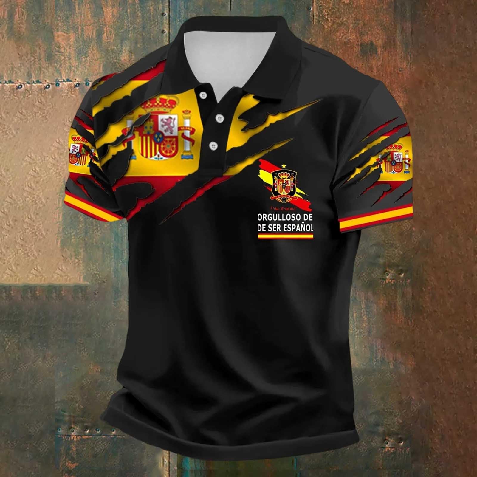 Camiseta de fútbol retro para hombre, manga corta, polo con diseño de bandera de España, de secado rápido, cómodo, transpirable, con botones, camisa hawaiana, cómoda camisa de verano para