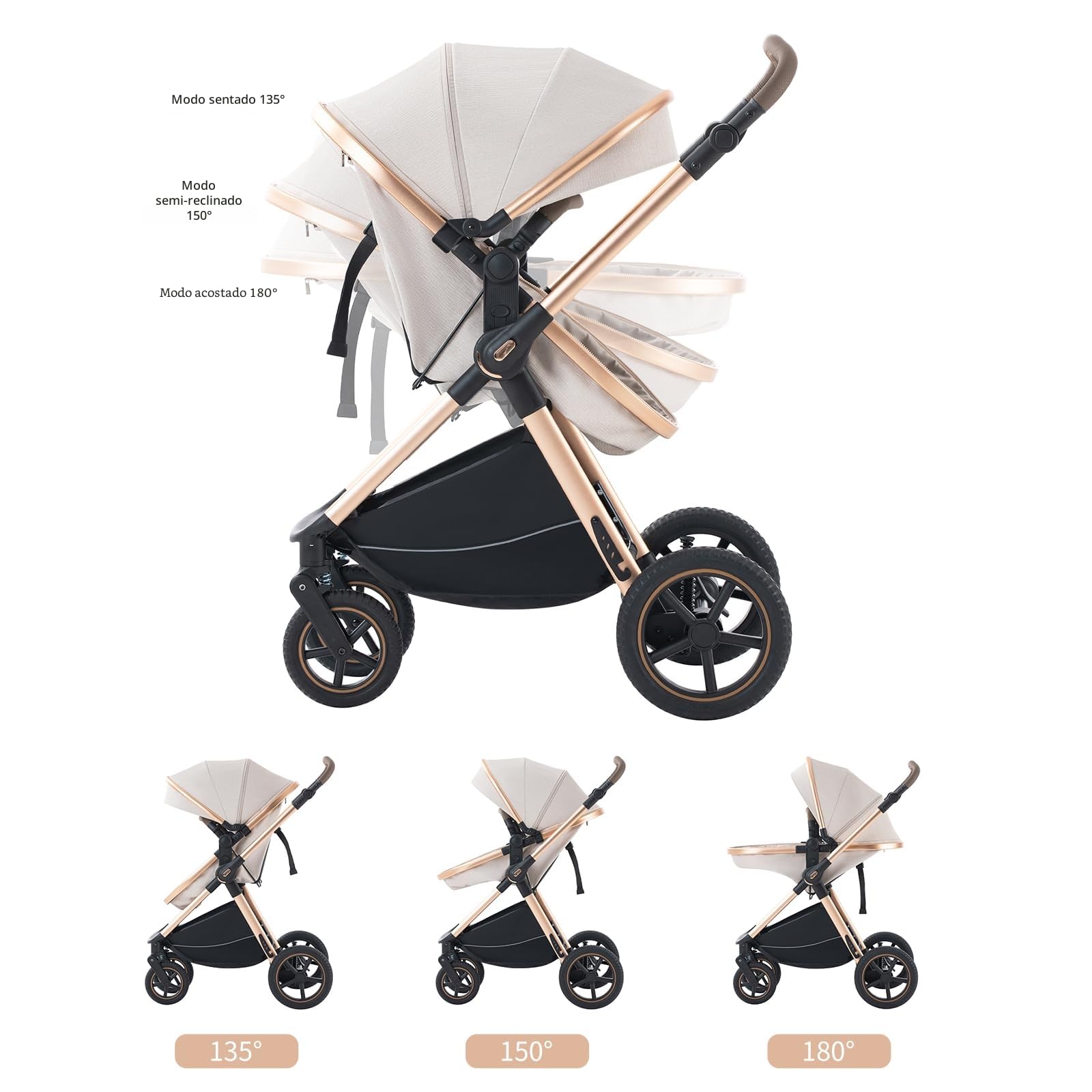 Cochecito 3 en 1 con sistema de viaje, estructura de aluminio, cochecito combinado, ligero y plegable para recién nacidos y niños pequeños de 0 a 36 meses desde el nacimient (RICEWHITE-N, D2)