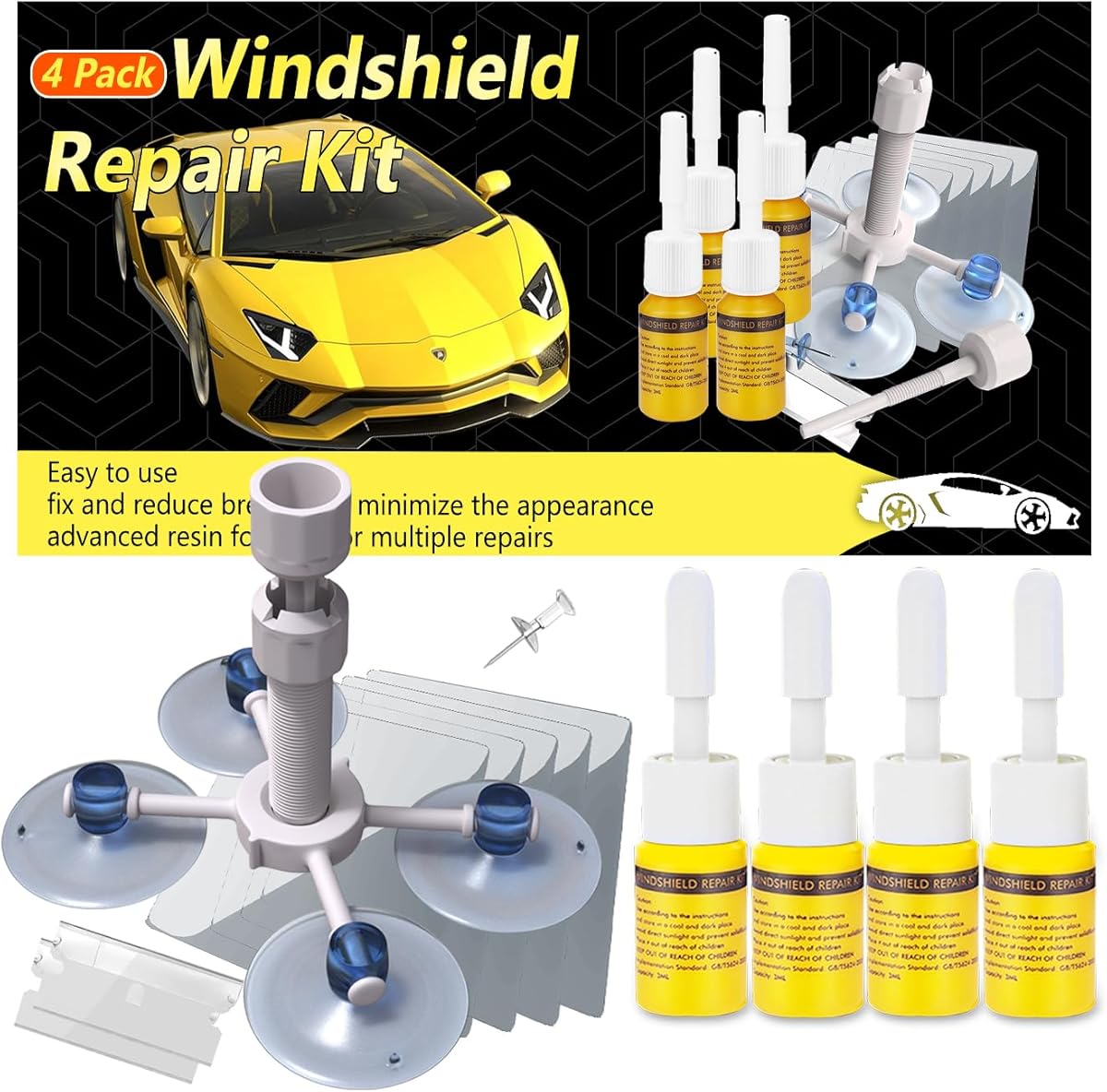 CLAMPER Windshield Crack Repair Kit, Windshield Repair Kit for Chips and Cracks, 4 Pcs Car Glass Repair Kit, Cracks Gone Glass Repair Kit Automotive Quick Fix for Chips, Cracks, Bullseyes(Yellow)