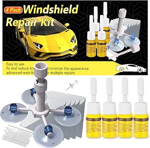 Windshield Crack Repair Kit, Windshield Repair Kit for Chips and Cracks, 4 Pcs Car Glass Repair Kit, Cracks Gone Glass Repair Kit Automotive Quick Fix for Chips, Cracks, Bullseyes (Yellow)