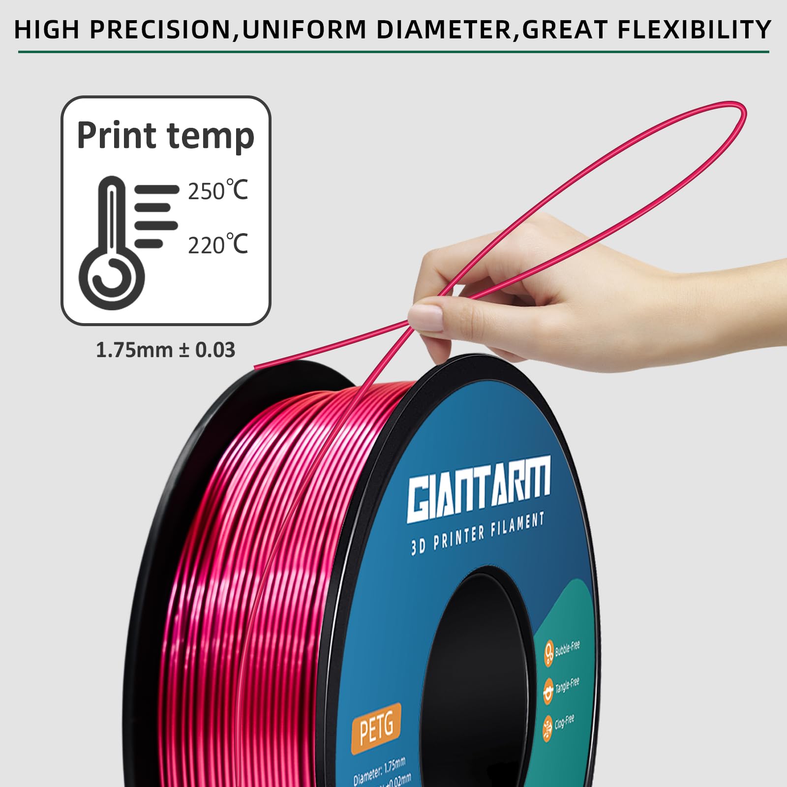 GIANTARM PETG Filamento 1,75 mm metallo rosa per stampante 3D bobina da 1 kg, PETG precisione dimensionale +/- 0,03 mm