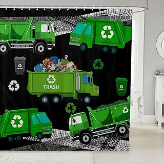 Garbage Truck Shower Curtain,Cartoon Car Bathroom Curtain for Kids Boys,Powered Waste Management Recycling Truck Waterproof Curtain Teens Girls Room Decor Green Black Bath Curtain,12 Hooks,72"Wx72"L