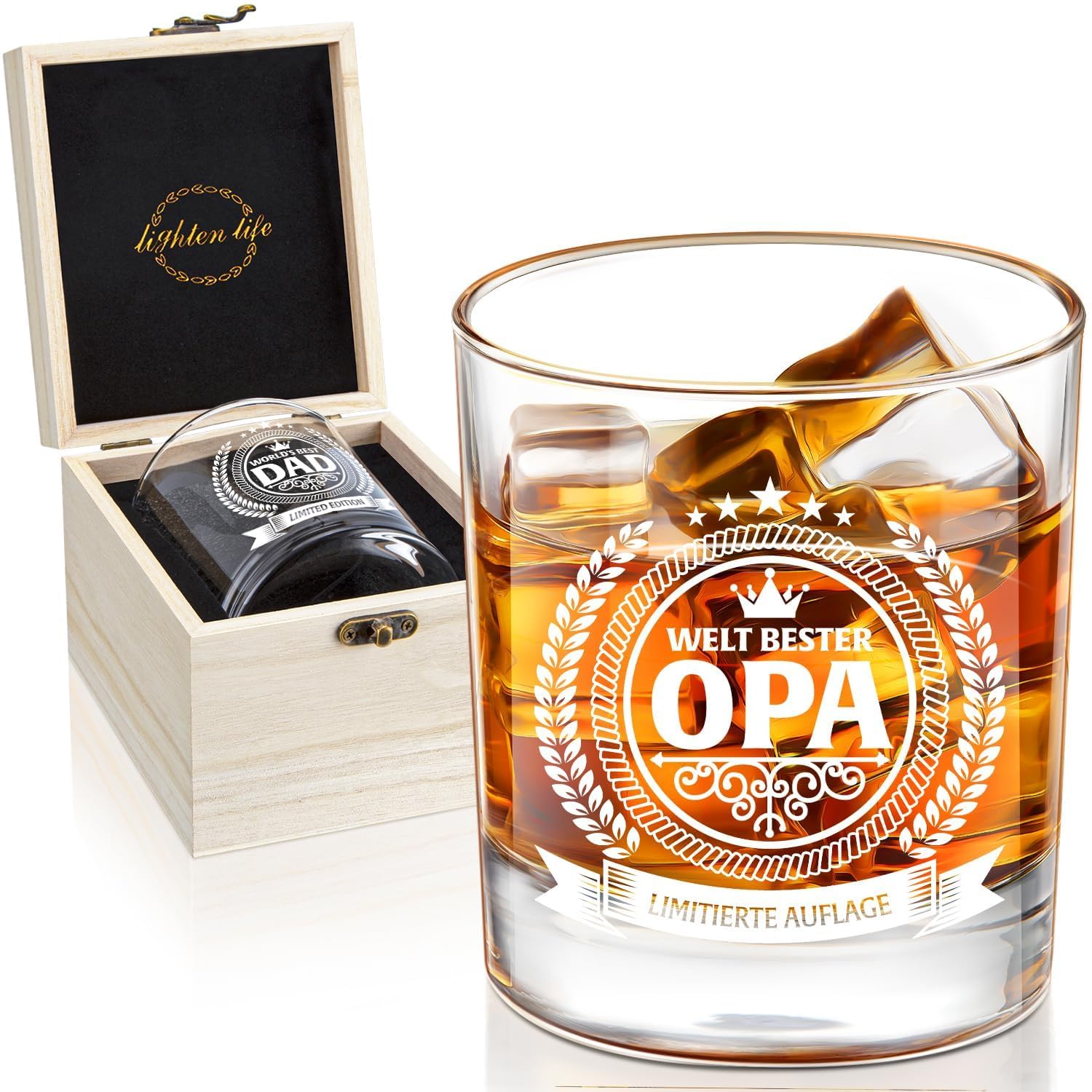 LIGHTEN LIFE Geschenke für Opa,Whiskyglas für Opa in Holzkiste,Geburtstagsgeschenke von Enkelkindern