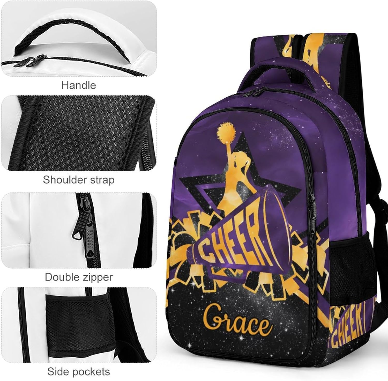 Cheer Cheerleader Backpack Cheerleading BookBag Custom with Padded Bag Name Cheer Team Spirit Gym Bag for Girls Teens, Water-Resistant School Backpack(Purple Black Yellow Print)