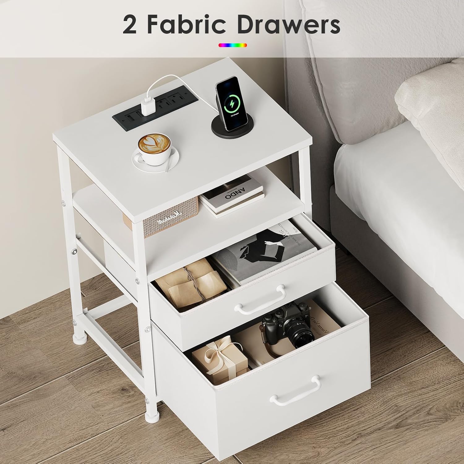 Nightstand with Charging Station Set of 2, LED Night Stand with 2 Fabric Drawers, Side Table with Open Shelf, End Table with Steel Frame, 2 Drawer Dresser for Bedroom, White