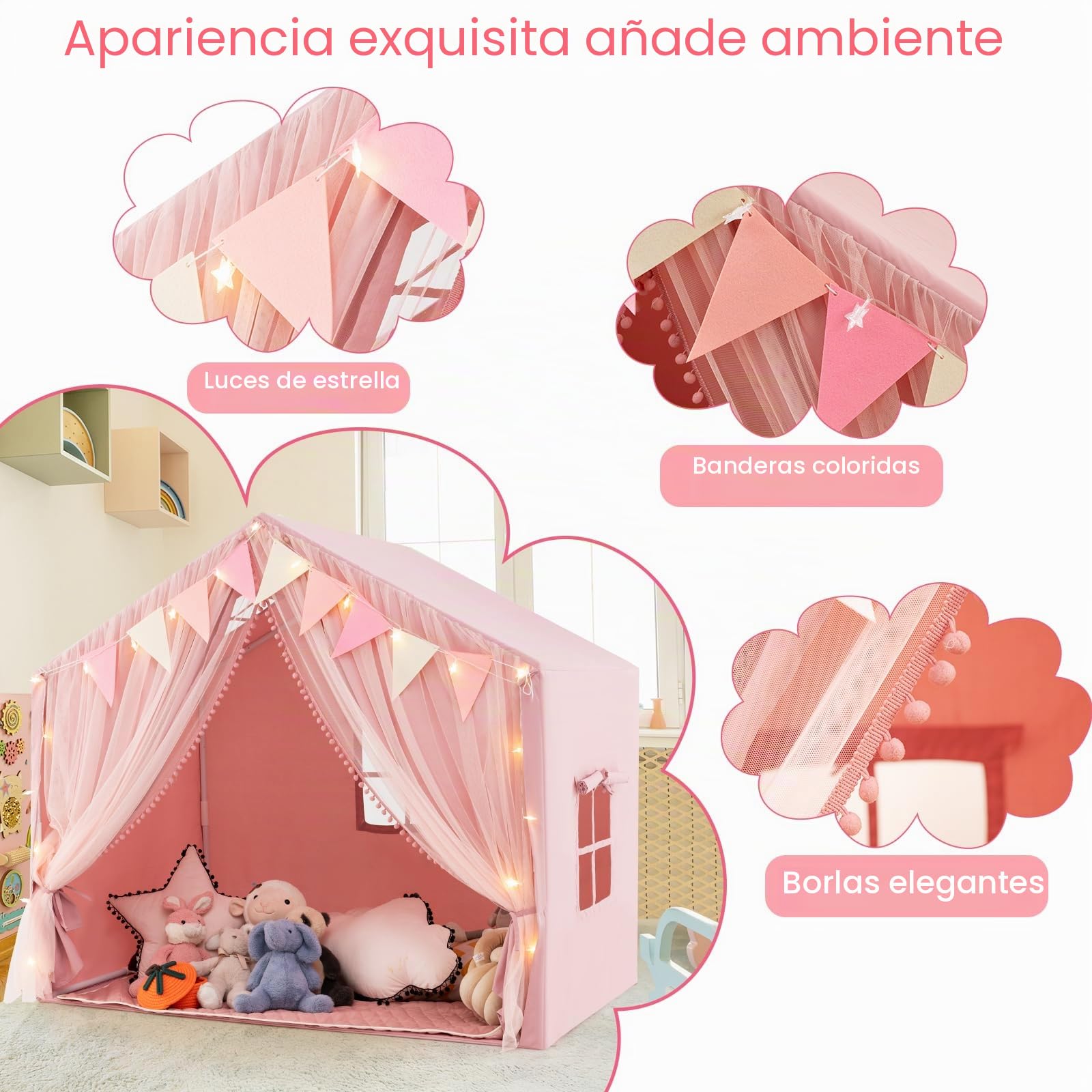 HOMASIS Tienda de Campaña Infantil con Colchoneta de Algodón, Casitas Infantil Tela de Interior con Luces, Cortina y Banderas, Cabañas para Niños a Partir de 3 Años, 146x96x133cm (Rosa)