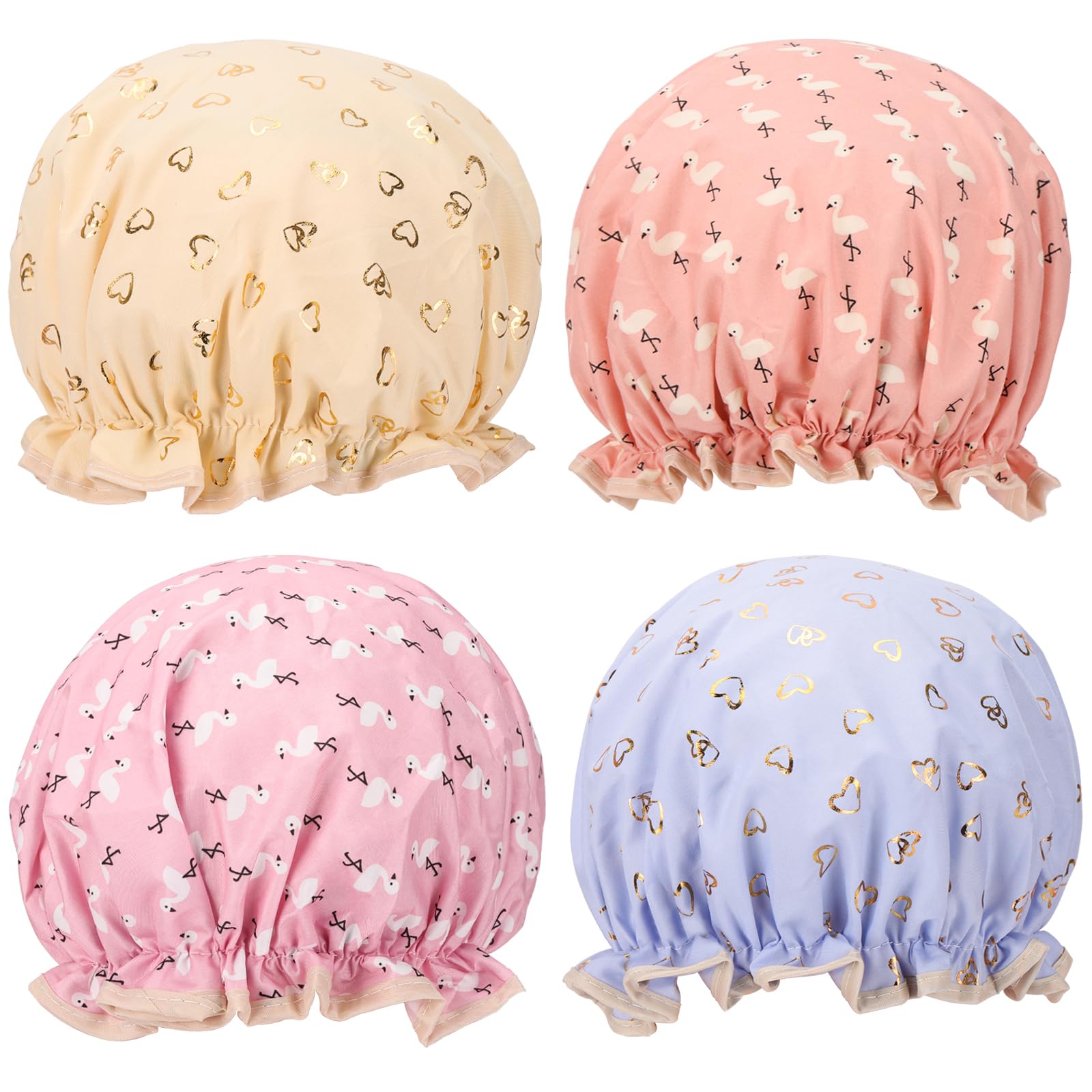 4 Pcs Shower Caps Hat for Women and Girl, Reusable Waterproof Bath Cap Double Waterproof Layers Bird and Heart Pattern