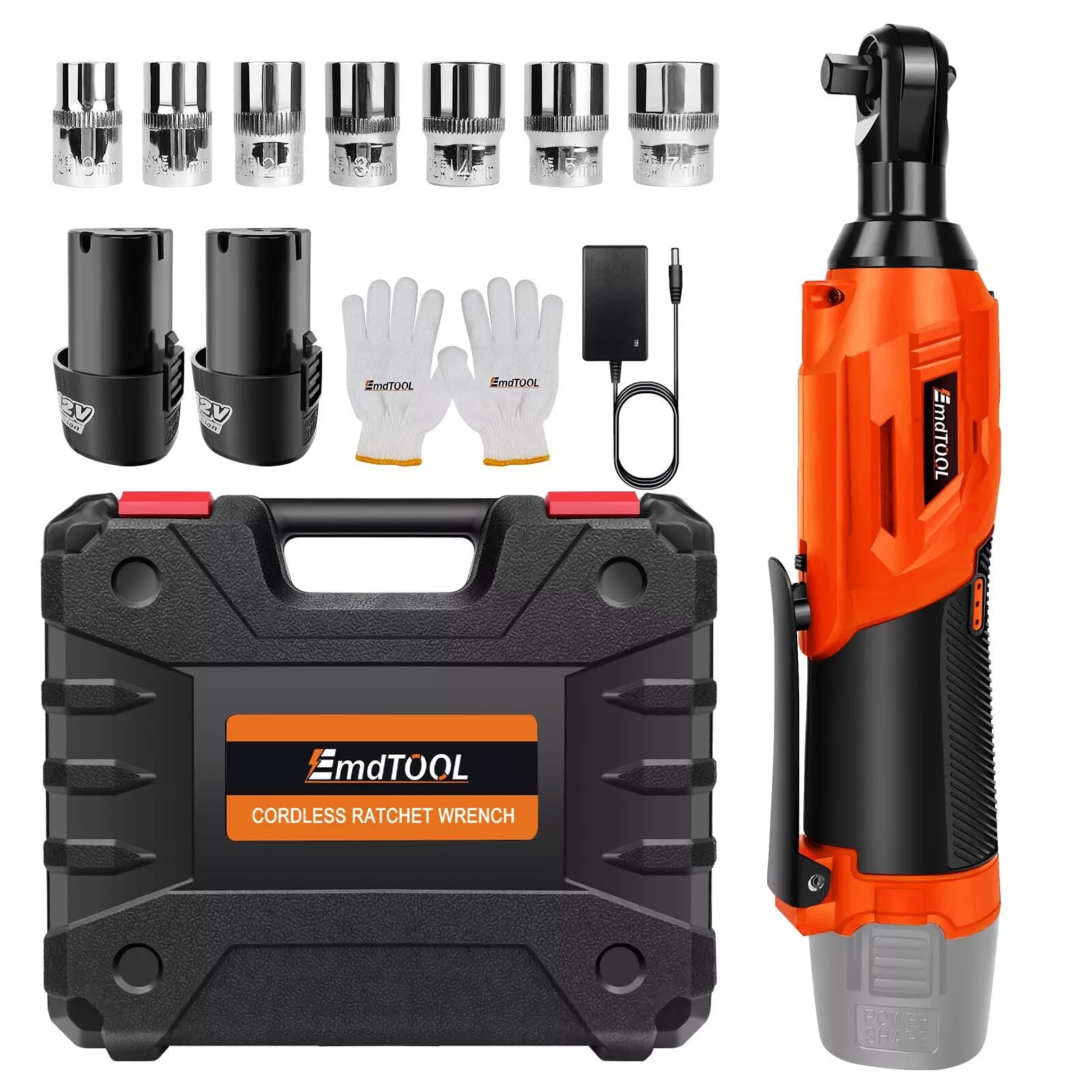 Lucn 500Nm Electric Cordless Right Ratchet 3/8'' 90 Angle Wrench Power 2 Battery Kit Orange
