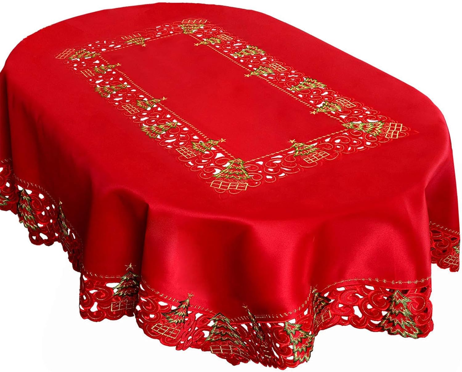 Grelucgo Embroidered Christmas Holiday Holly Tree Tablecloth (52 × 70 Inches Oval Tablecloth)