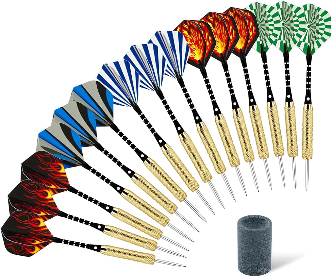 15 Pack Steel Tip Darts 18 Grams, Professional Darts Metal Tip Set with Aluminum Shafts, Standard Flights, Rubber O'Rings and Extra Dart Sharpener