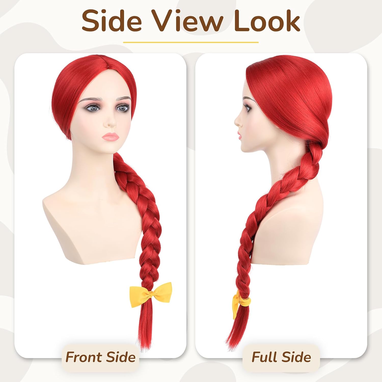 Long Red Braided Wig with Hair Bow for Women Cowgirl Halloween Costume