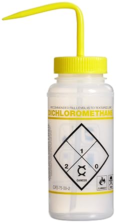 SP Bel-Art Safety-Labeled 2-Color Dichloromethane Wide-Mouth Wash Bottles; 500ml 16oz, Polyethylene w/Yellow Polypropylene Cap Pack of 6 F11646-6250