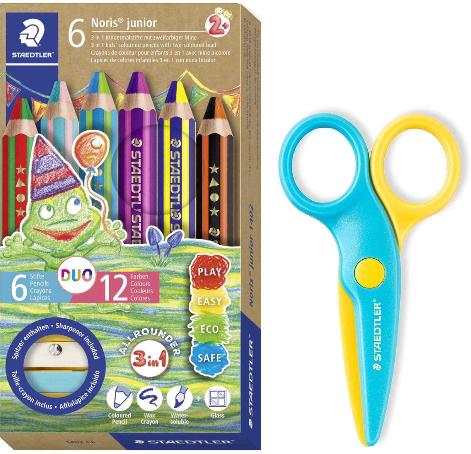 STAEDTLER Noris Junior Duo 1402 Children's Colouring Pencil, Wax and Watercolour Pencil, Two-Tone Lead, 6 Duo Pens and Safety Scissors