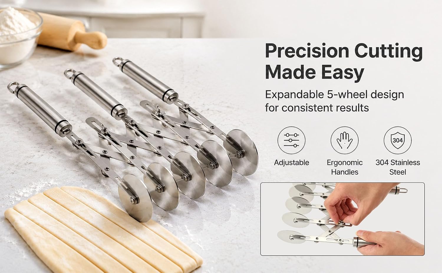 5 Wheel Pastry Cutter, Stainless Steel Multi-Round Pizza Slicer Dough Cutter Tool with Ergonomic Handle, Rolling Cutter for Pasta, Cookies and Pie Crust