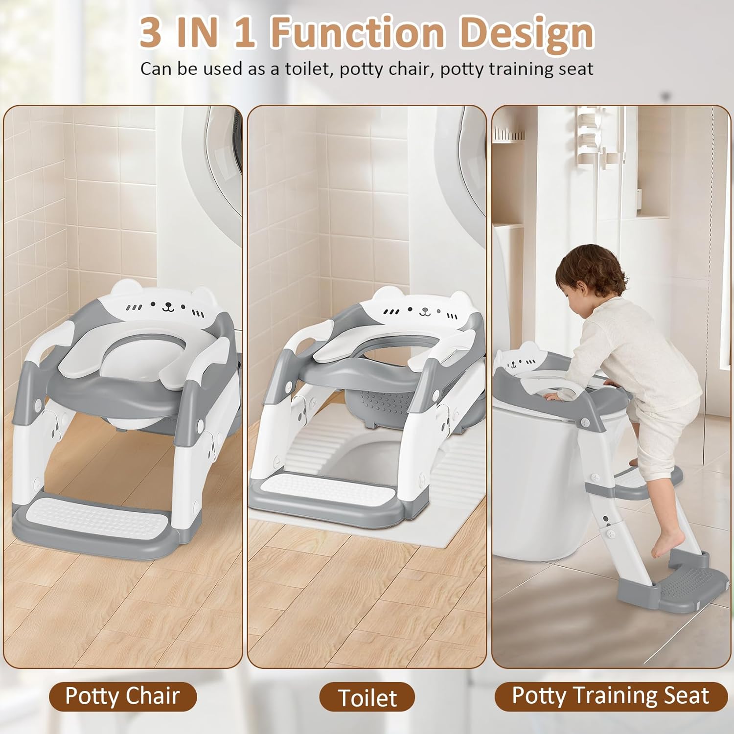 Potty Training Seat with Step Stool Ladder, 3-in-1 Toddler Potty Training Toilet Seat for Boys Girls, Height Adjustable Foldable Toddler Potty with Splash Guard, Non Slip Pad and Safety Handles(Grey) - Image 7