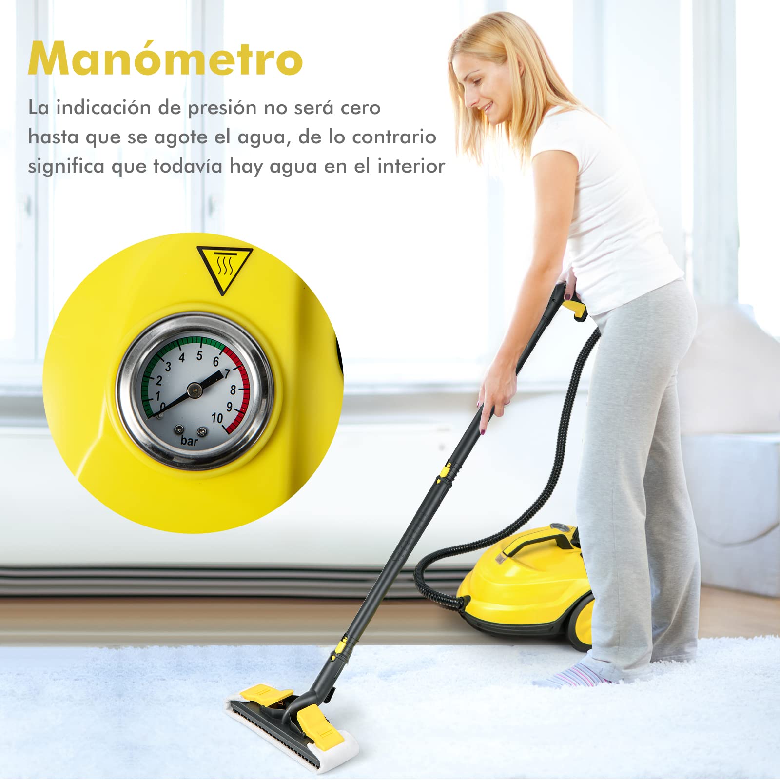 GOPLUS Limpiador a Vapor de 2000 W, Máquina de Limpieza de 1,8 L de Capacidad de Agua con 15 Accesorios, Escoba de Vapor para Alfombras, Sofá, Vidrio y Manchas Difíciles (Amarillo)