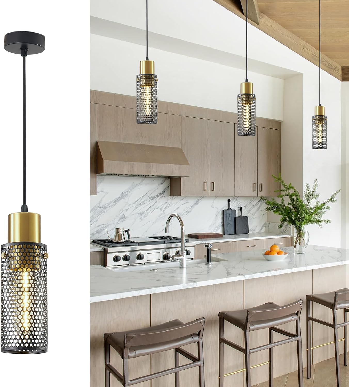 Modern Pendant Light Fixtures, Gold Cylinder Pendant Lapms with Iron Mesh, Adjustable Metal Ceiling Hanging Light Fixture for Kitchen Island Dining Room Entryway Bar 1-Light