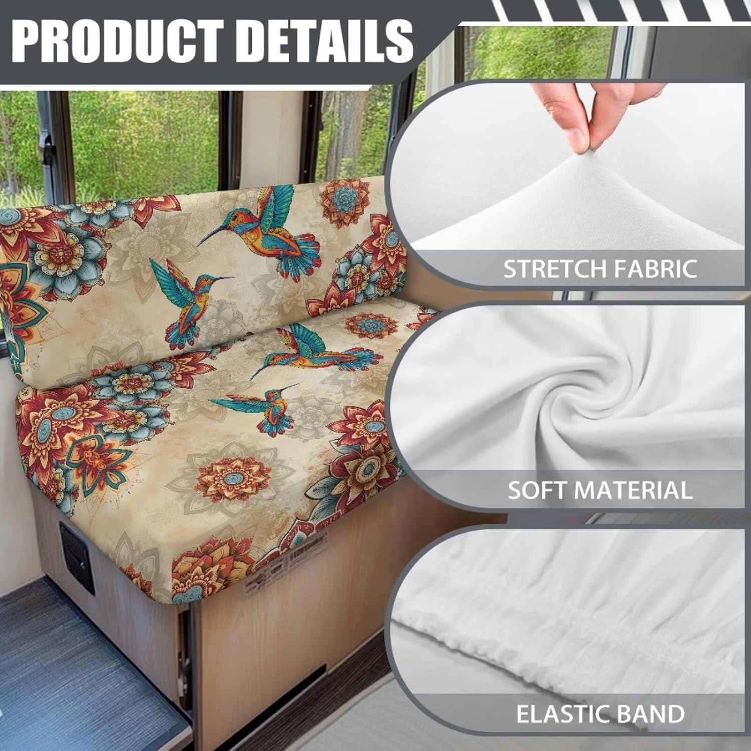 Boho Mandala Hummingbird Print RV Dinette Cushion Covers 2 Pcs Comfortable Camper Cushion Slipcover Stretchable Loveseat Sofa Chair Cover Furniture Protector for RV Camper Car Bench