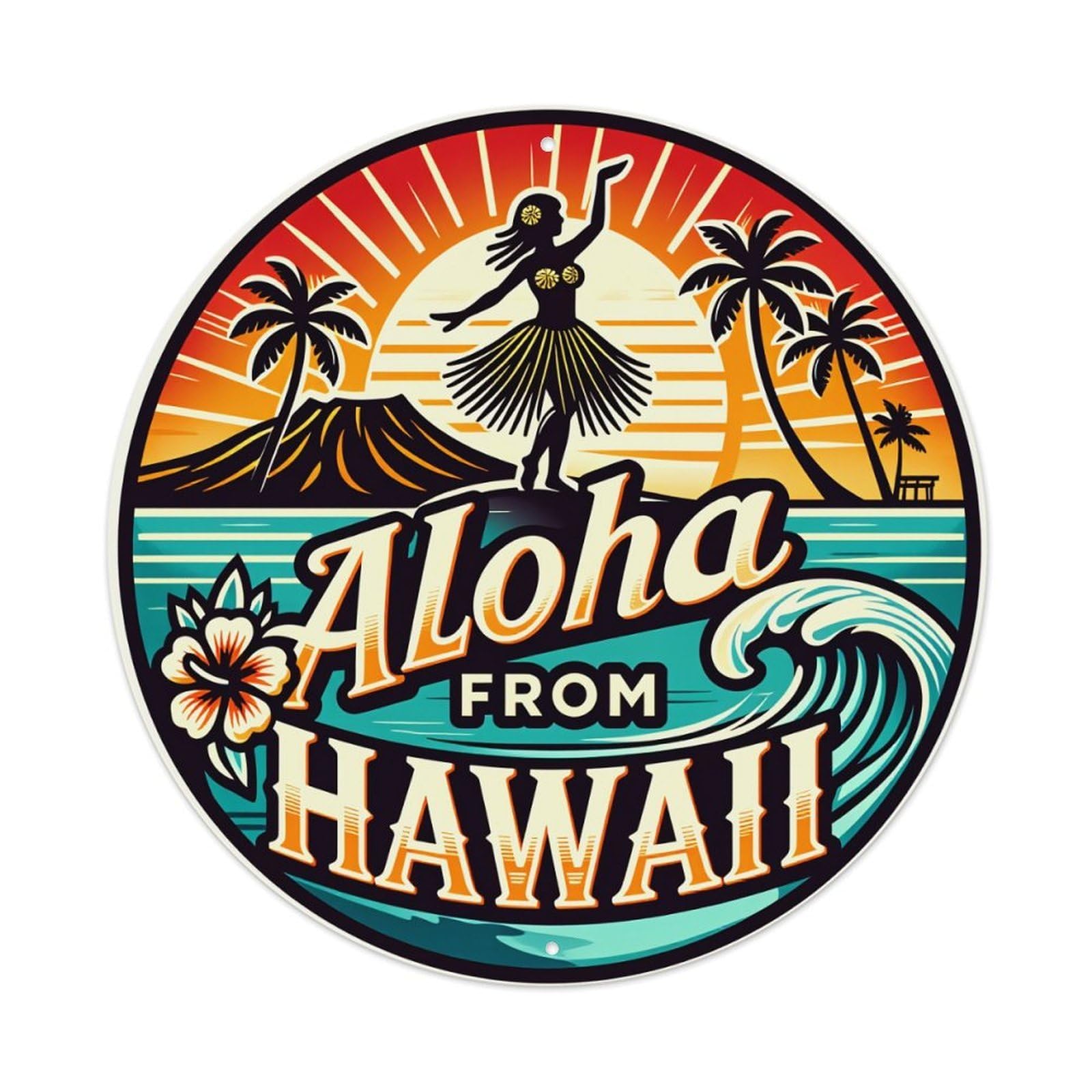 Aloha From Hawaii Sunset Hula Palm Metal Tin Sign Plaque