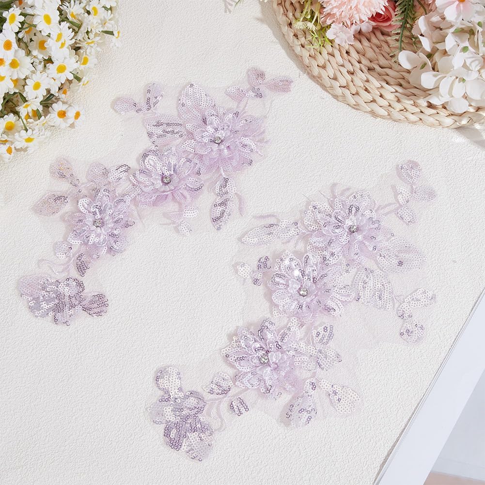 1 Box 2Pcs Purple 3D Floral Appliques Sequin Beaded Embroidered Patch Flower Rhinestone Embroidery Lace Applique Polyester Sew on Patches for Sewing Making Wedding Cloth Bridal Craft Supply