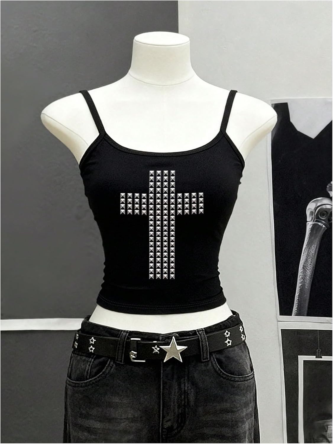 SHENHE Women's Y2k Cami Top Gothic Cross Print Spaghetti Strap Summer Camisole Alt Emo Shirt - Image 3