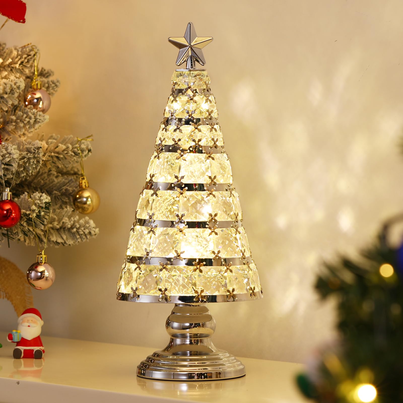 Lewondr Christmas Tree Lamp, 14 Inch Battery Powered Crystal Treetop Lighted Christmas Tree Decorative Light LED Lamp, Handmade Glass Tabletop Christmas Ornament for Home Party Gift, Silver