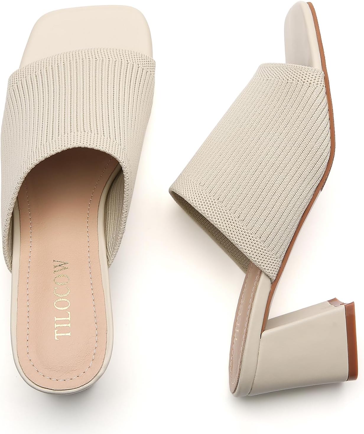 Tilocow Knit Heeled Sandals for Women, Square Open Toe Heels Sandals, Chunky Block Low Heel Slip On Mules - Image 8