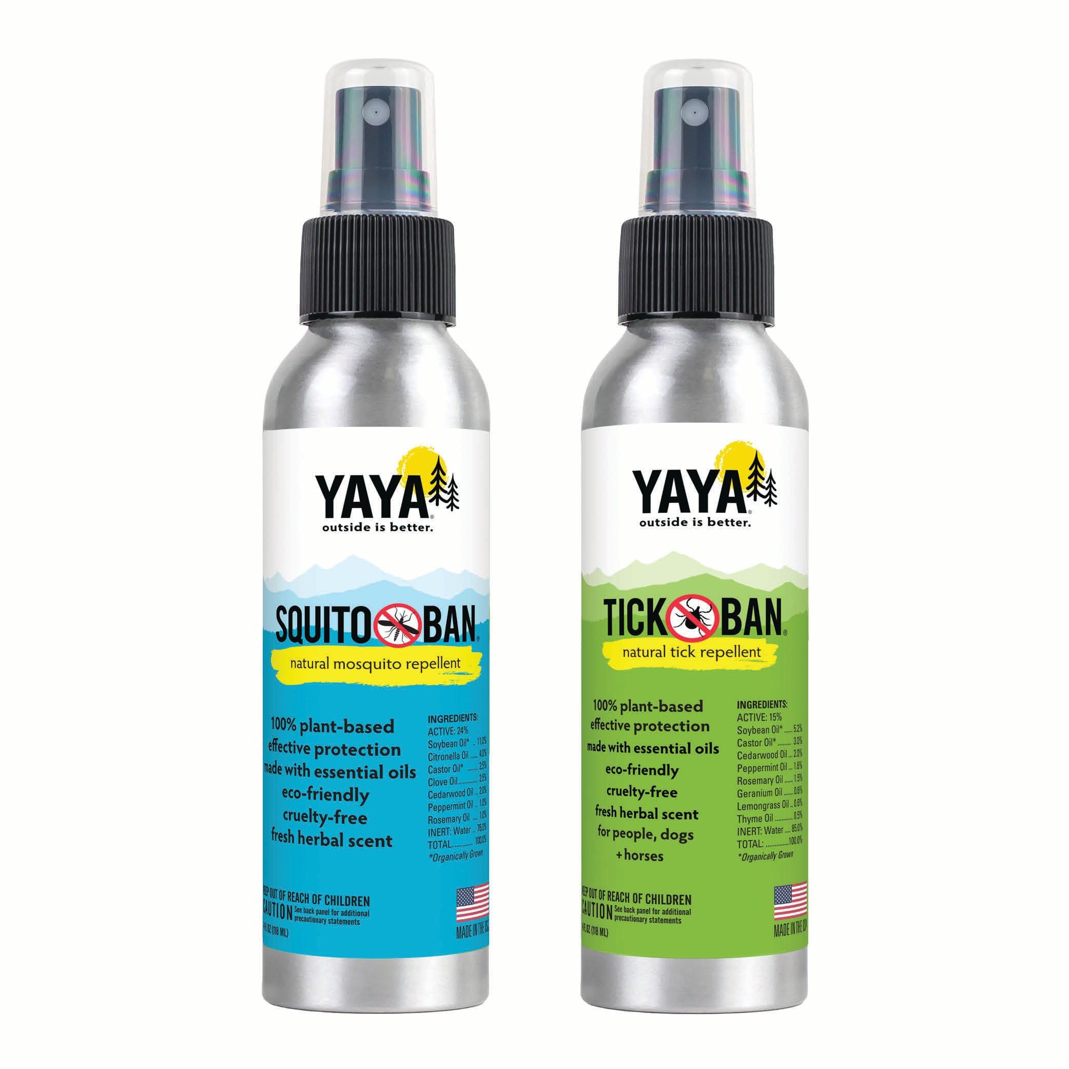 YAYA Organics Tick Ban + Squito Ban Duo Pack | All Natural Tick Repellent and Mosquito Spray Made with Essential Oils, Deet-Free | 2 4oz Spray Bottles
