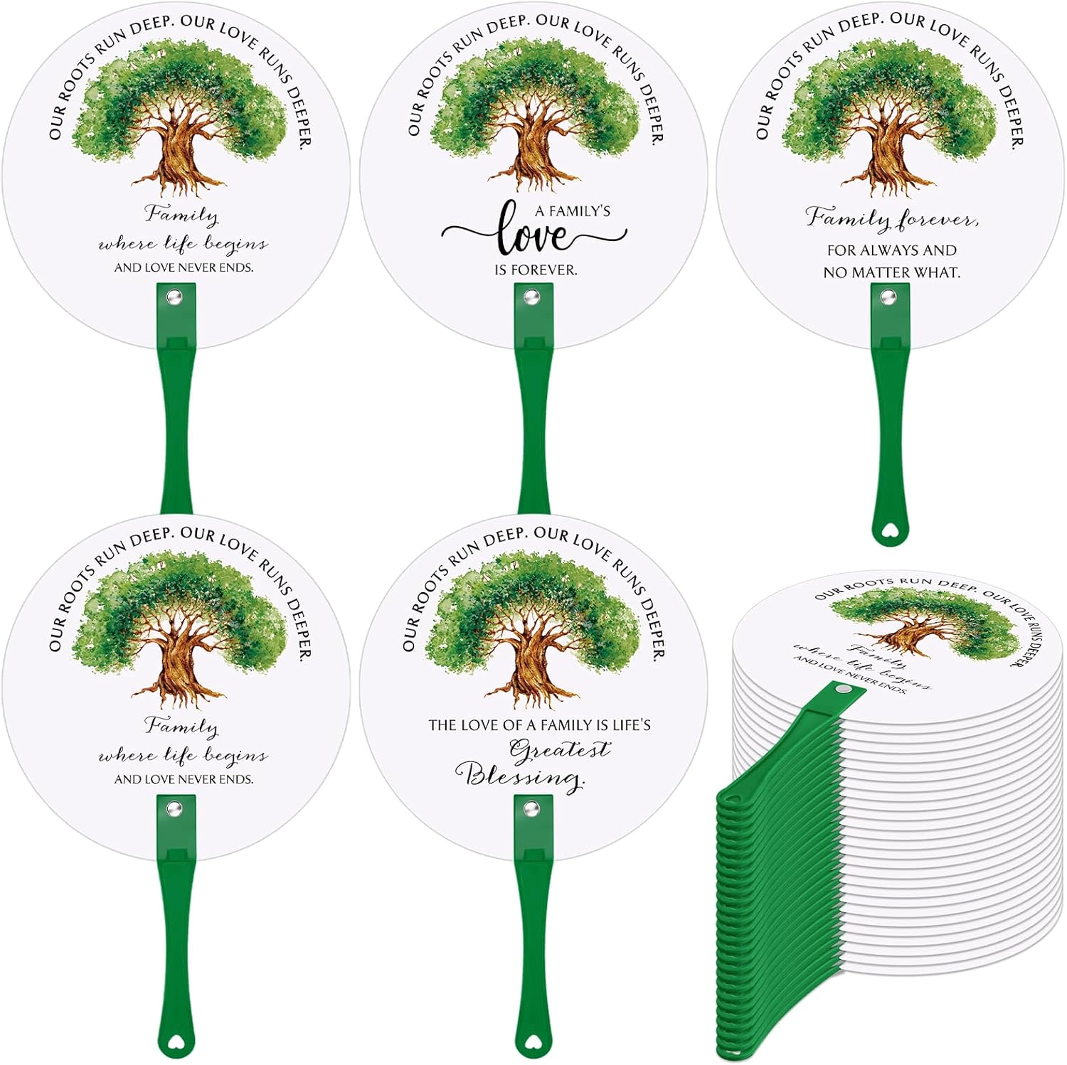 DoubleFill 50 Pcs Family Reunion Party Favors Family Tree Round Handheld Fans Remembering Our Roots Plastic Fans with Handle for Party Favors Gifts (Vivid)