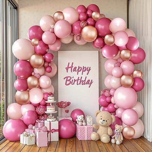 Kit de arco de guirnalda de globos rosados, globos de látex rosa intenso, globos de látex de 18, 12, 10, 5 pulgadas, para bodas, baby shower,