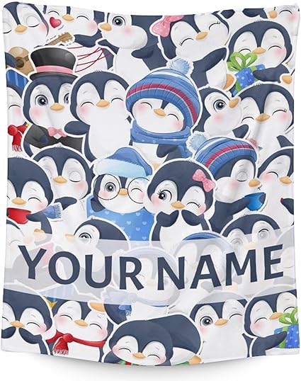Custom Penguin Blankets with Name - Soft Warm Blanket Throw for Kids, Adults - 30"x40" Small Blankets for Couch, Work - Blue Cute Blanket Gifts