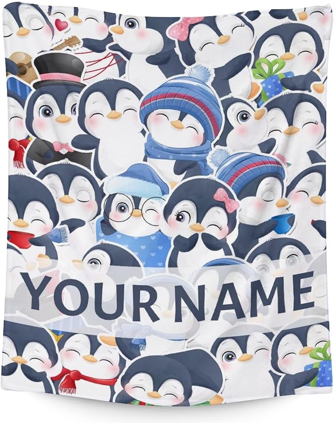 Custom Penguin Blankets with Name - Soft Warm Blanket Throw for Kids, Adults - 30"x40" Small Blankets for Couch, Work - Blue Cute Blanket Gifts