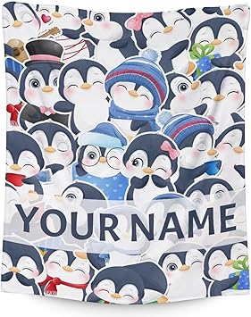 Custom Penguin Blankets with Name - Soft Warm Blanket Throw for Kids, Adults - 30"x40" Small Blankets for Couch, Work - Blue Cute Blanket Gifts