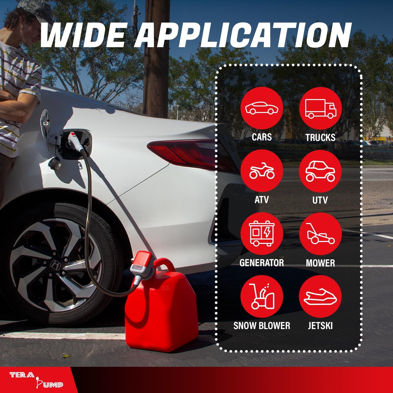 TERA PUMP Battery Powered Fuel Transfer Pump with On/Off Power Nozzle, Universal Gas Can Adapter, 3.28 ft Vinyl Hose, and Anti-Spill Sensor (2.6 GPM) - 4 AA Battery Powered