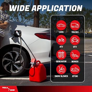 TERA PUMP Battery Powered Fuel Transfer Pump with On/Off Power Nozzle, Universal Gas Can Adapter, 3.28 ft Vinyl Hose, and Anti-Spill Sensor (2.6 GPM) - 4 AA Battery Powered