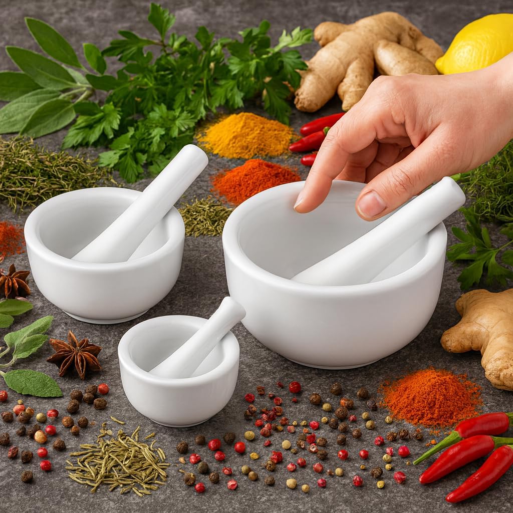 HIC Kitchen Mortar and Pestle Set, Fine Porcelain, Set of 3 Sizes, Spice Herb Grinder, Pill Crusher, Nut Butter Maker