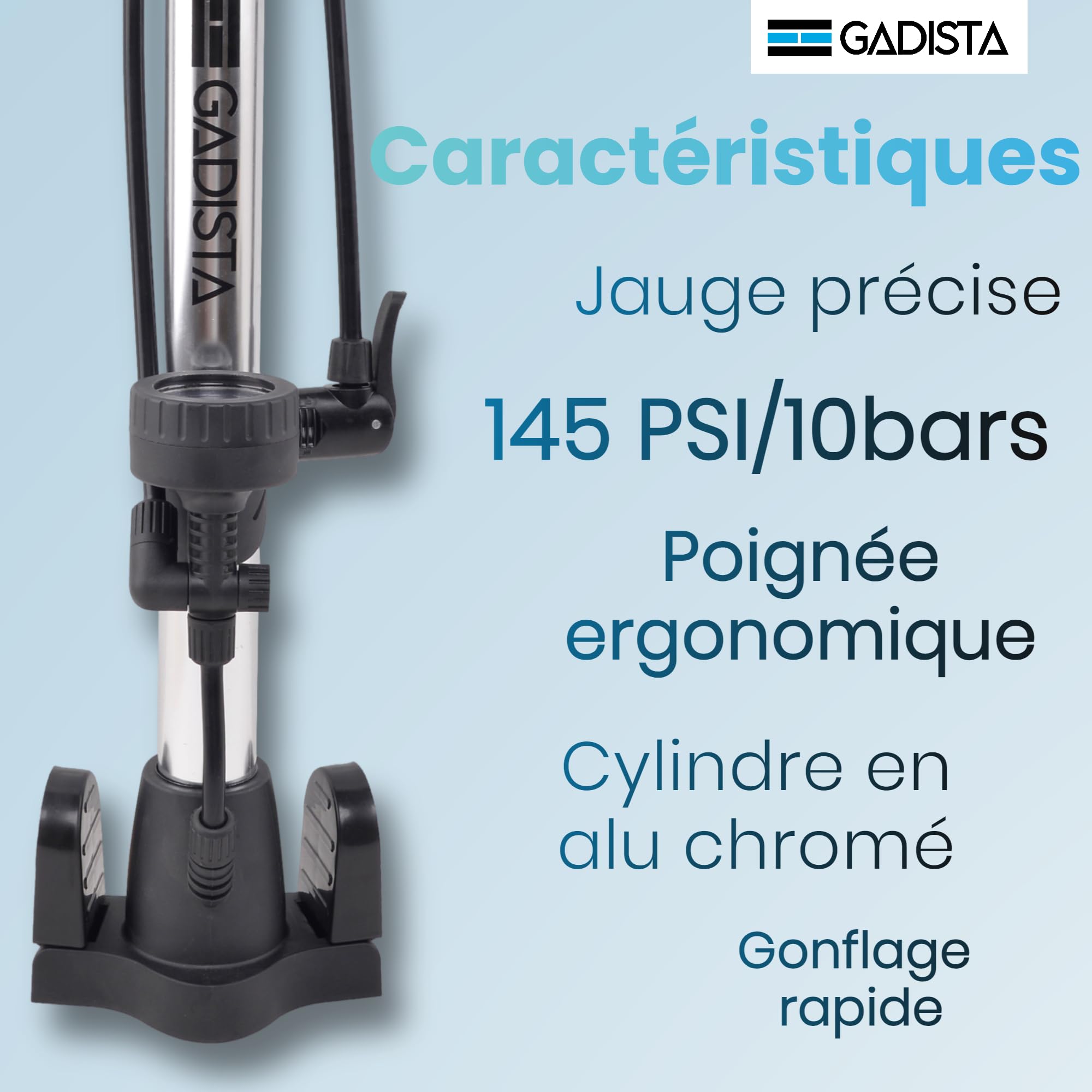GADISTA France, Pompe à Vélo en Aluminium 145 PSI avec Double Valve Schrader & Presta, Grand Manomètre pour Affichage de la Pression, Tuyau Extra Long, Poignée Confortable