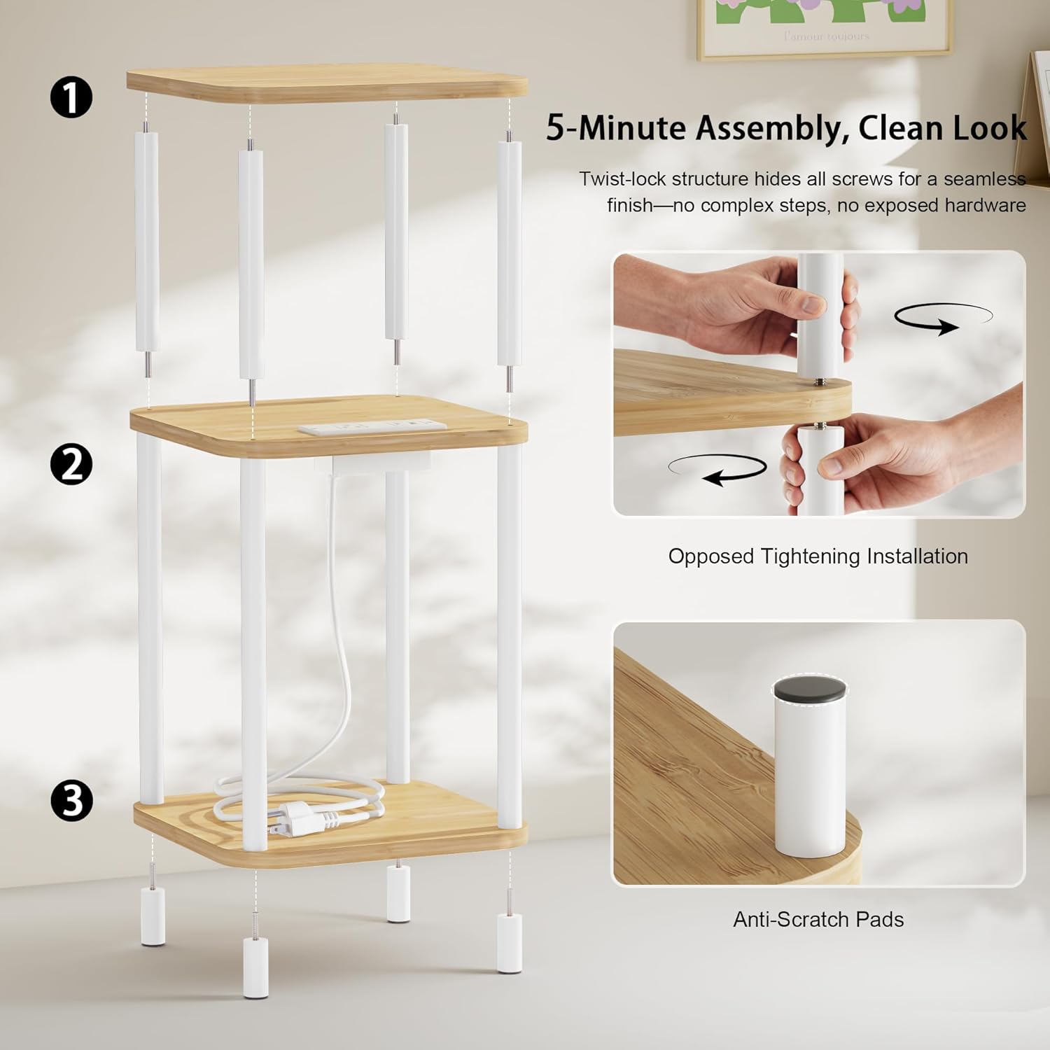 End Table with Charging Station, Bamboo Side Table for Small Space, Small Table Stand, Wooden Narrow Bedside Table Nightstand with Shelves, for Nursery, Living Room, Bedroom, Natural and White