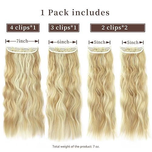 Miniatura 2 de Extensiones de cabello sintético largo ondulado con clip, de 20 pulgadas, 4 piezas con reflejos color dorado oscuro y rubio beige, extensiones de