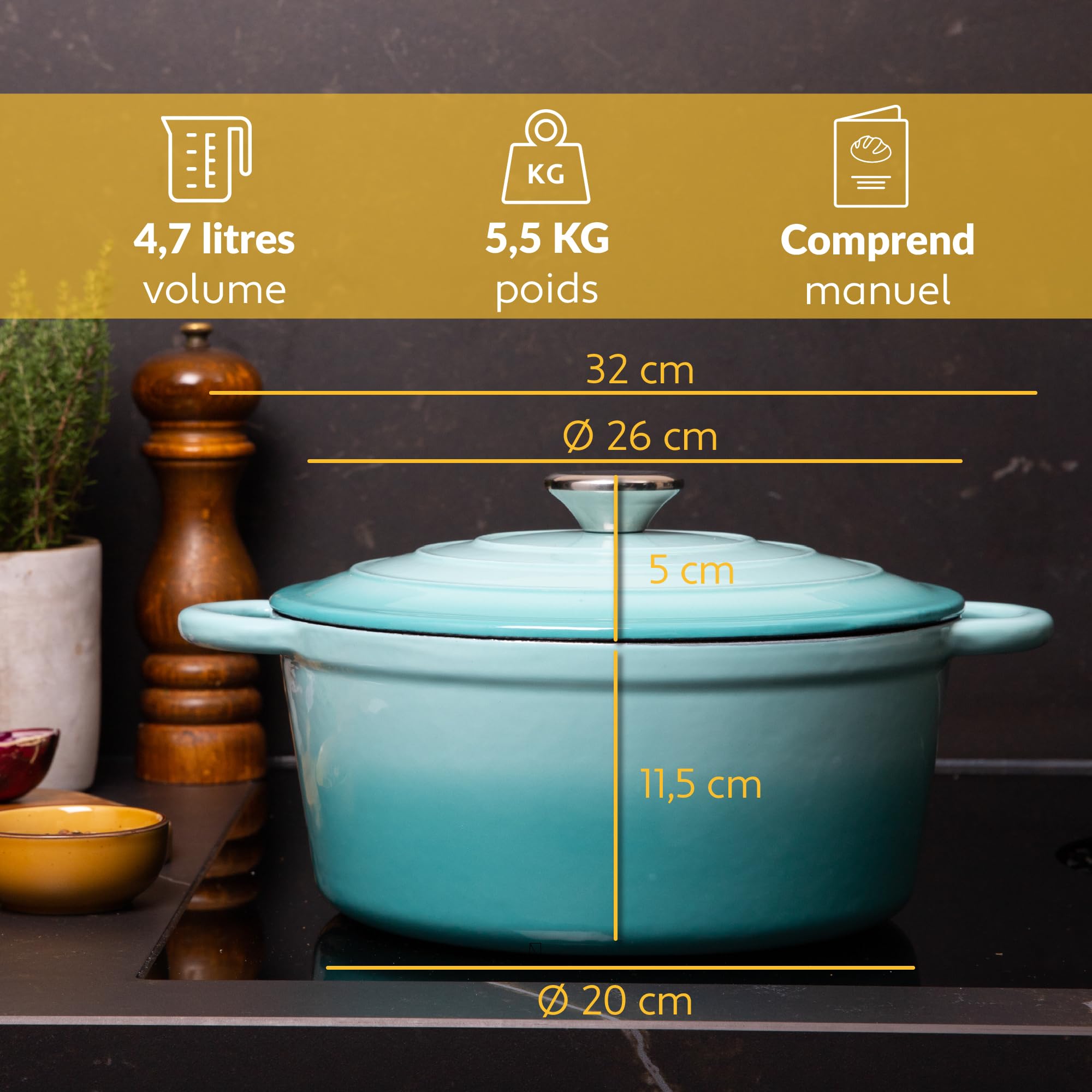 Chefarone Cocotte en Fonte Émaillée 26 cm (4,7 L) – Marmite avec Couvercle Compatible Induction et Four – Fonte de Qualité Supérieure – Idéale pour Pain, Ragoûts, Rôtis et Plats mijotés