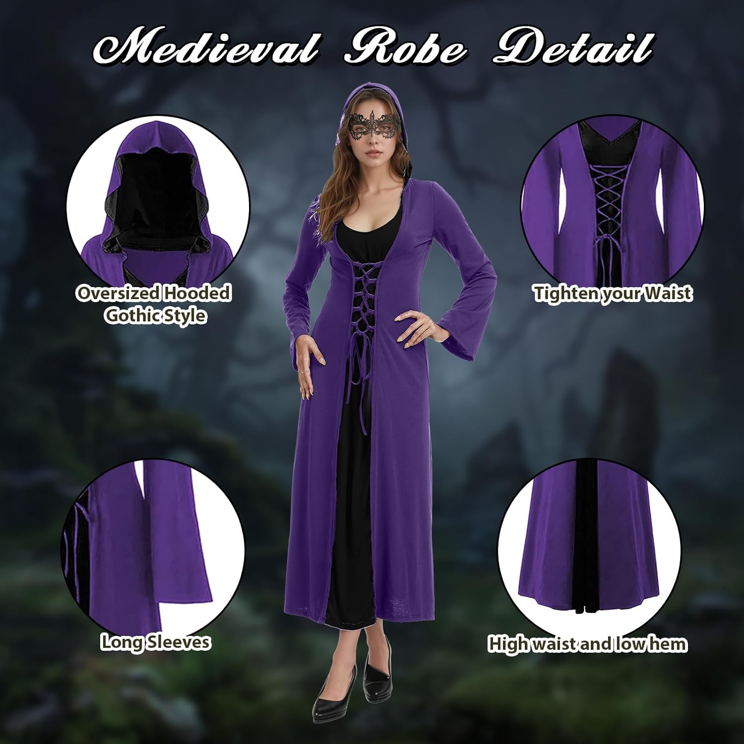 Womens Halloween Costumes for Adults Medieval Hooded Maxi Dress for Women Fashion Hooded Robe Cosplay - Image 2