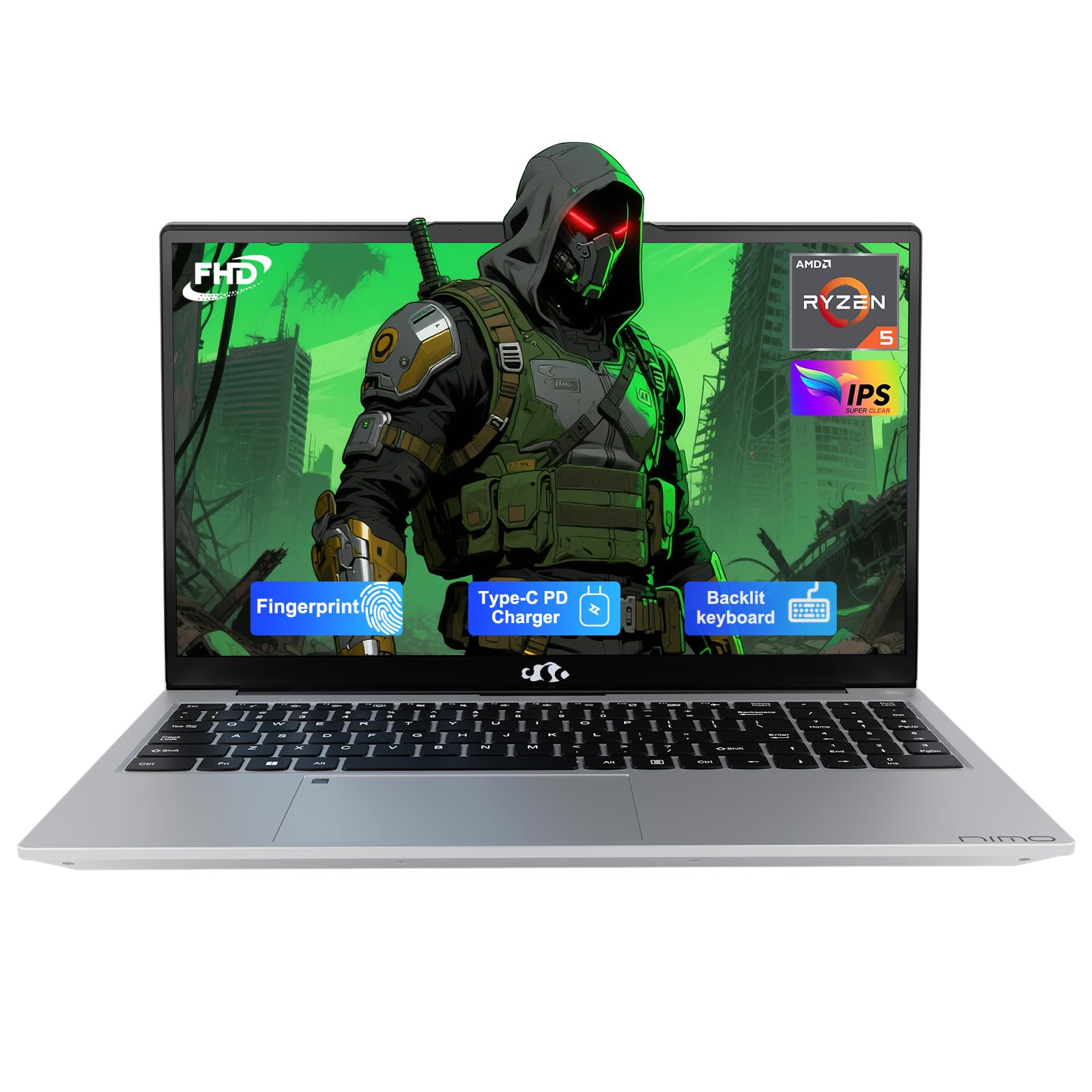 NIMO 15.6'' FHD IPS Student-Laptop-Computer - 8GB RAM 256GB SSD, AMD Ryzen 5(Beat i5-1135G7, 4 Cores Up to 3.7GHz), 65W Type-C, 2 Years Warranty, Fingerprint, Backlit Keyboard, Wi-Fi 5, BT5.2