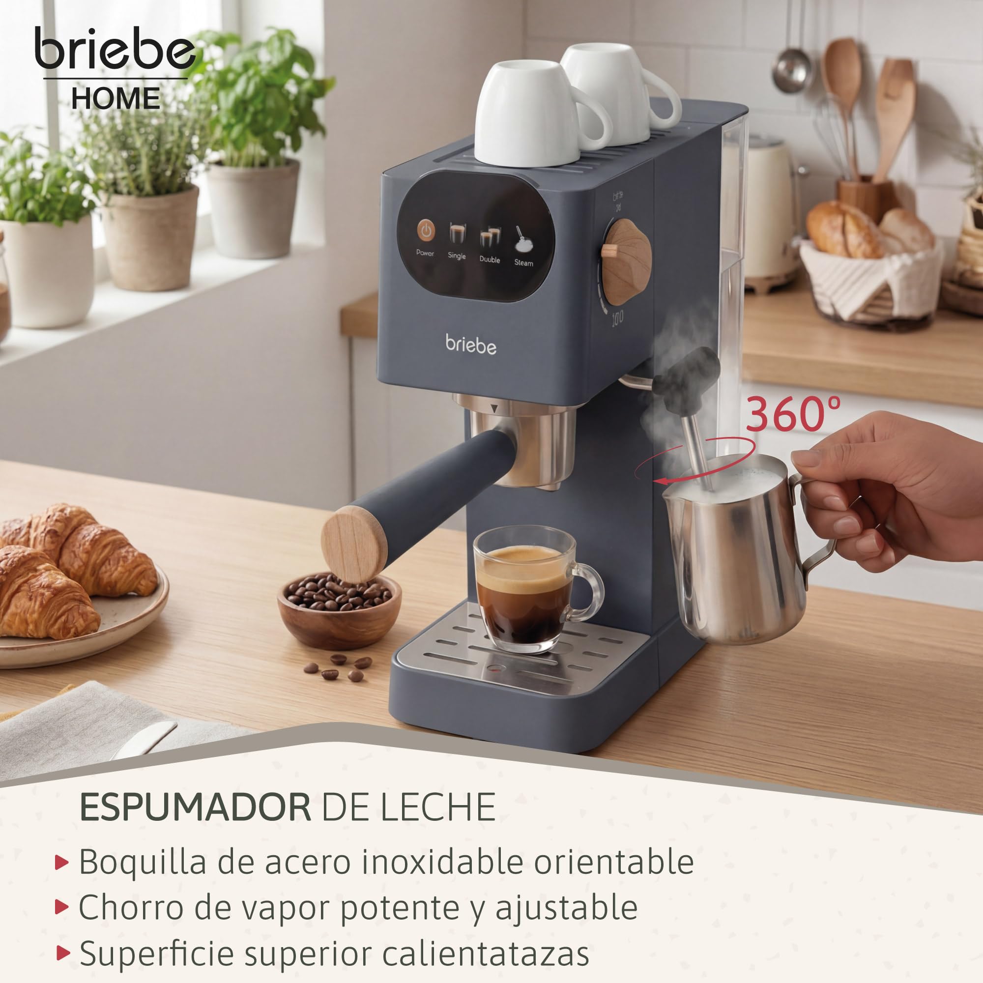 briebe Nordic Cafetera Espresso 20 Bares Compatible Cápsulas Nespresso y Café Molido, Máquina Café Semiautomática Profesional 1350W, Espumador Leche, Pantalla Táctil, 1,2L, Diseño Nórdico, Gris — view 7