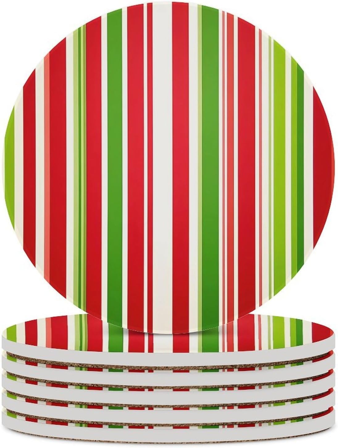 Red Green Striped Pattern Round Ceramic Coasters Print Drinks Absorbent with Cork Base for Home Decor Gifts 4 Inch