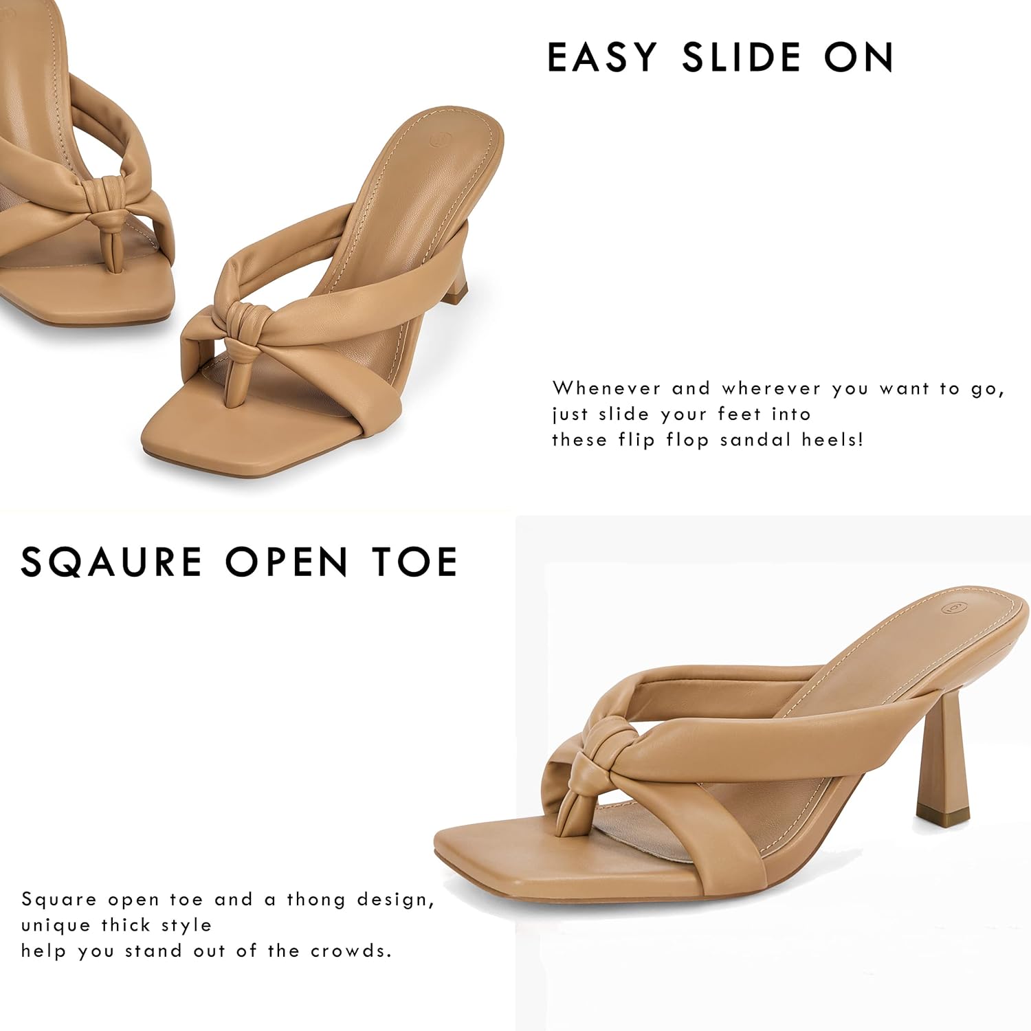 Coutgo Womens Thong Heels Mules Square Toe Heeled Flip Flops Mule Sexy Stiletto Dress Party Sandals