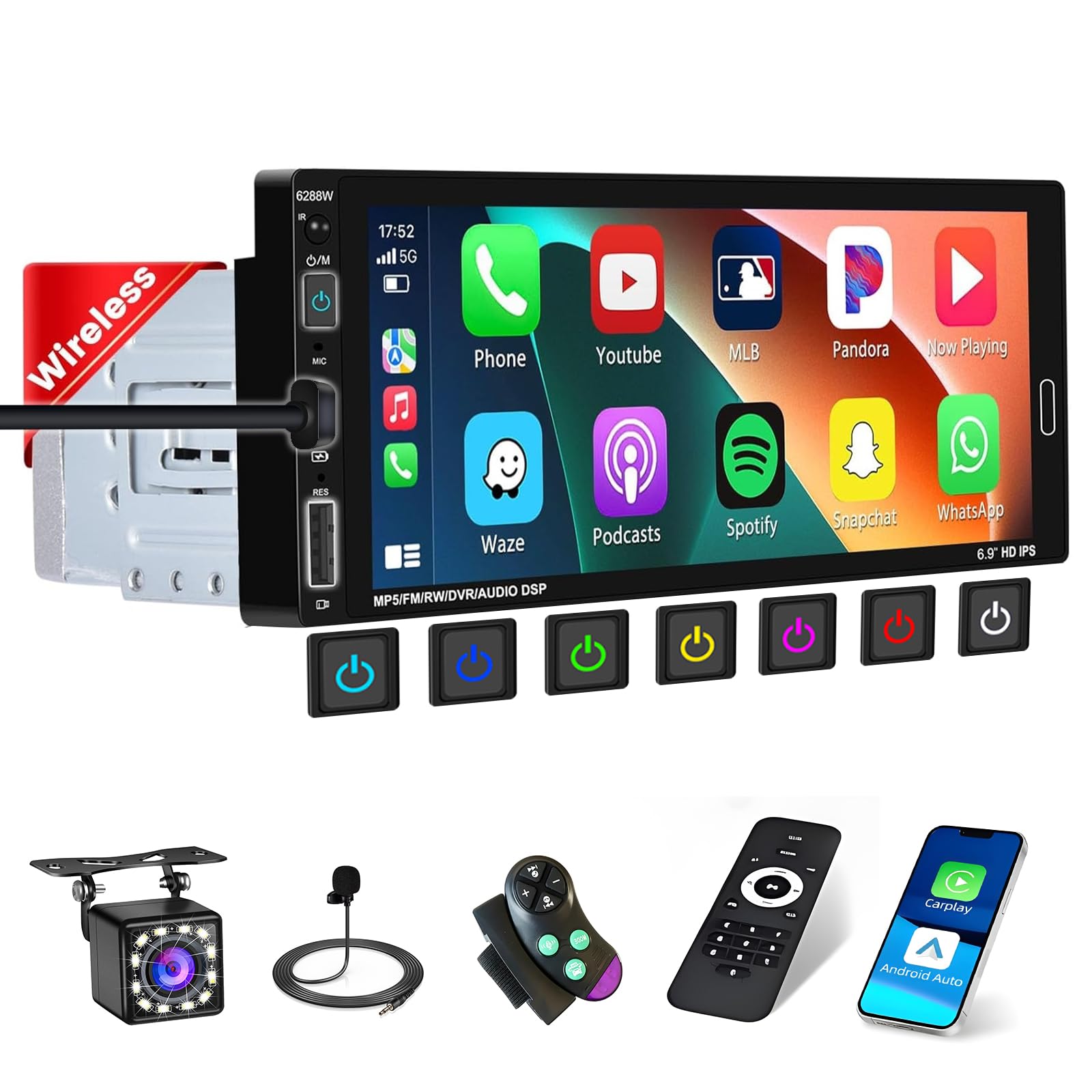 Inefala Wireless Carplay Radio Coche Bluetooth Pantalla 1 DIN con Android Auto inalámbrico, 6,9" Pantalla Táctil Autoradio Bluetooth con Mirror Link FM USB Type-C Mic SWC Cámara Trasera — view 10